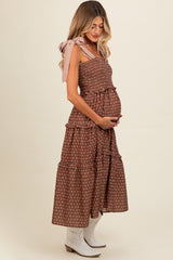 Brown Floral Print Contrast Shoulder Tie Tiered Maternity Midi Dress