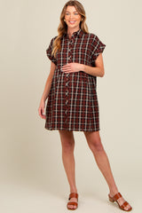 Black Plaid Rolled Cuff Sleeve Button Down Maternity Dress