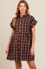 Black Plaid Rolled Cuff Sleeve Button Down Maternity Dress