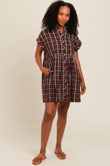 Black Plaid Rolled Cuff Sleeve Button Down Dress