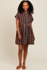 Black Plaid Rolled Cuff Sleeve Button Down Dress