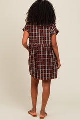 Black Plaid Rolled Cuff Sleeve Button Down Dress