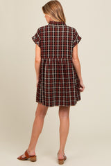 Black Plaid Rolled Cuff Sleeve Button Down Maternity Dress