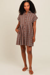 Mocha Plaid Rolled Cuff Sleeve Button Down Dress