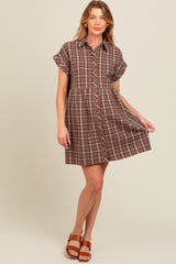 Mocha Plaid Rolled Cuff Sleeve Button Down Maternity Dress