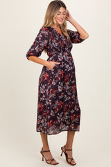 Brown Floral Smocked Button Down Maternity Midi Dress