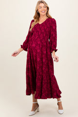 Burgundy Floral Smocked V-Neck Maternity Maxi Dress