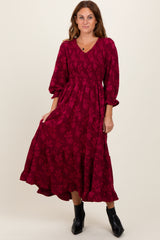 Burgundy Floral Smocked V-Neck Maternity Maxi Dress