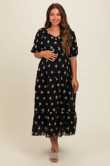 Black Floral Puff Sleeve Maternity Midi Dress