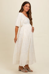 Cream Floral Puff Sleeve Maternity Midi Dress