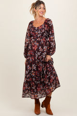 Brown Floral V-Neck Bubble Sleeve Maternity Maxi Dress