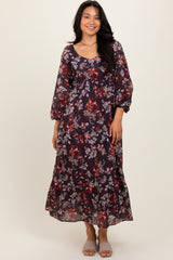 Brown Floral V-Neck Bubble Sleeve Maternity Maxi Dress