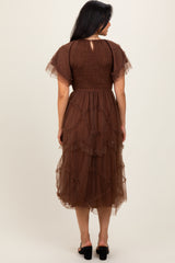 Mocha Smocked Ruffled Mesh Midi Dress