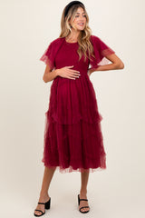 Burgundy Smocked Ruffled Mesh Maternity Midi Dress