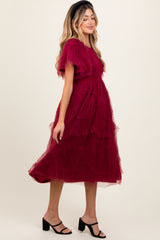 Burgundy Smocked Ruffled Mesh Maternity Midi Dress