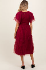 Burgundy Smocked Ruffled Mesh Maternity Midi Dress