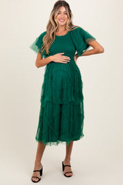 Hunter Green Smocked Ruffled Mesh Maternity Midi Dress