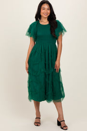 Hunter Green Smocked Ruffled Mesh Midi Dress