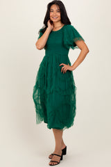 Hunter Green Smocked Ruffled Mesh Midi Dress