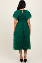 Hunter Green Smocked Ruffled Mesh Midi Dress