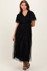 Black Ruffle Accent Mesh Overlay Maternity Maxi Dress