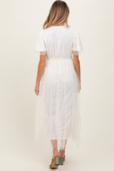 Cream Ruffle Accent Mesh Overlay Maternity Maxi Dress