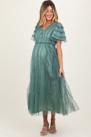 Teal Ruffle Accent Mesh Overlay Maternity Maxi Dress