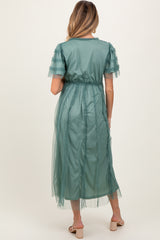 Teal Ruffle Accent Mesh Overlay Maternity Maxi Dress