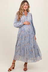 Light Blue Floral Lace Trim Maternity Maxi Dress