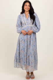 Light Blue Floral Lace Trim Maxi Dress