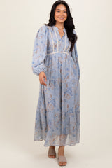 Light Blue Floral Lace Trim Maxi Dress