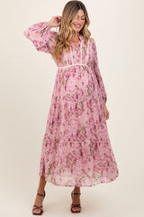 Pink Floral Lace Trim Maternity Maxi Dress