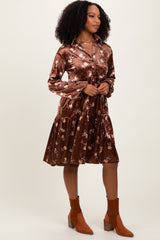 Brown Floral Velvet Button Down Midi Dress