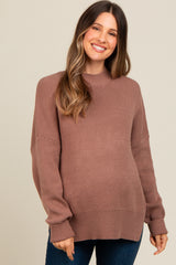 Brown Mock Neck Basic Maternity Sweater