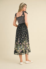 Black Multi Floral Contrast Thread Smocked Floral Midi Dress