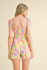 Lime Orange Floral Romper With Scallop Stitch Trim