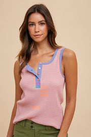 Light Mauve Combo Contrast Striped Rib Henely Tank Top