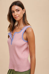 Light Mauve Combo Contrast Striped Rib Henely Tank Top