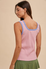 Light Mauve Combo Contrast Striped Rib Henely Tank Top