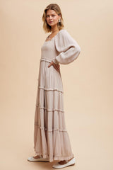 Beige Smocked Long Sleeve Ruffle Tiered Maxi Dress