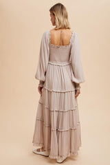 Beige Smocked Long Sleeve Ruffle Tiered Maxi Dress