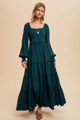 Forest Green Smocked Long Sleeve Ruffle Tiered Maxi Dress