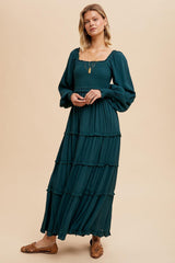 Forest Green Smocked Long Sleeve Ruffle Tiered Maxi Dress