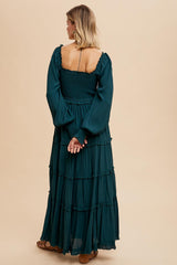 Forest Green Smocked Long Sleeve Ruffle Tiered Maxi Dress