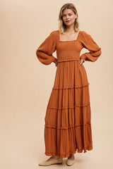 Camel Smocked Long Sleeve Ruffle Tiered Maxi Dress