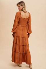 Camel Smocked Long Sleeve Ruffle Tiered Maxi Dress