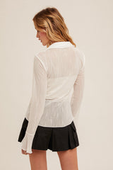 White Button Down Bell Sleeve Mesh Shirt