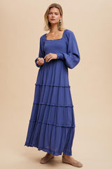 Periwinkle Smocked Long Sleeve Ruffle Tiered Maxi Dress