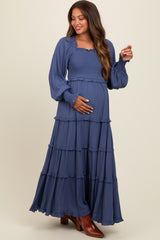 Periwinkle Smocked Long Sleeve Ruffle Tiered Maternity Maxi Dress