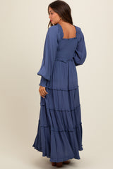 Periwinkle Smocked Long Sleeve Ruffle Tiered Maternity Maxi Dress